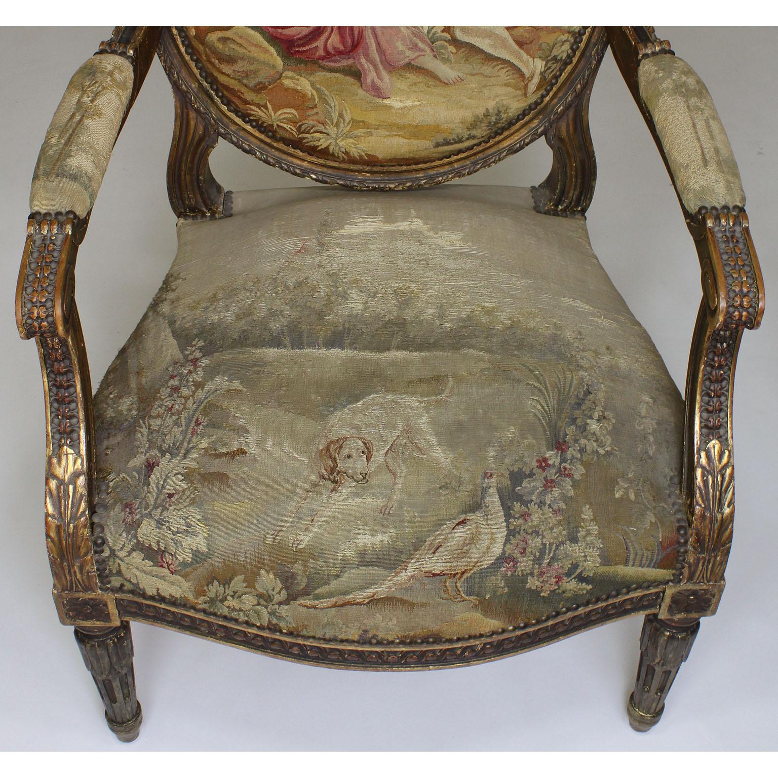 Four French 19th Century Louis XVI Style Giltwood Carved and Aubusson Armchairs For Sale 1