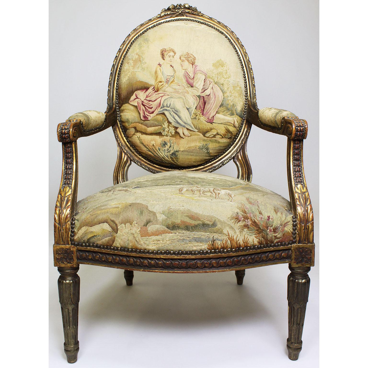 Four French 19th Century Louis XVI Style Giltwood Carved and Aubusson Armchairs For Sale 2