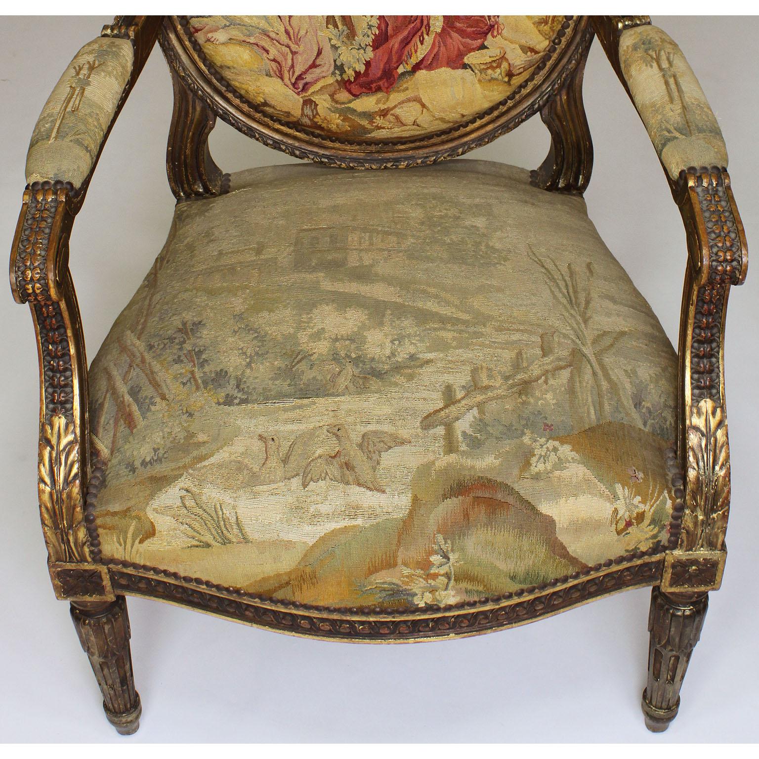 Four French 19th Century Louis XVI Style Giltwood Carved and Aubusson Armchairs For Sale 4