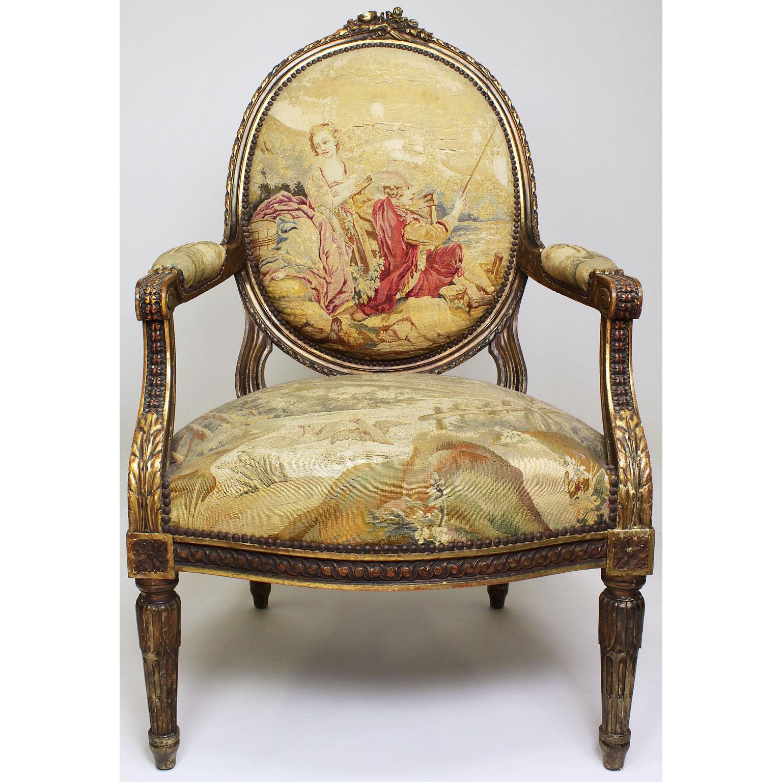 Four French 19th Century Louis XVI Style Giltwood Carved and Aubusson Armchairs For Sale 5