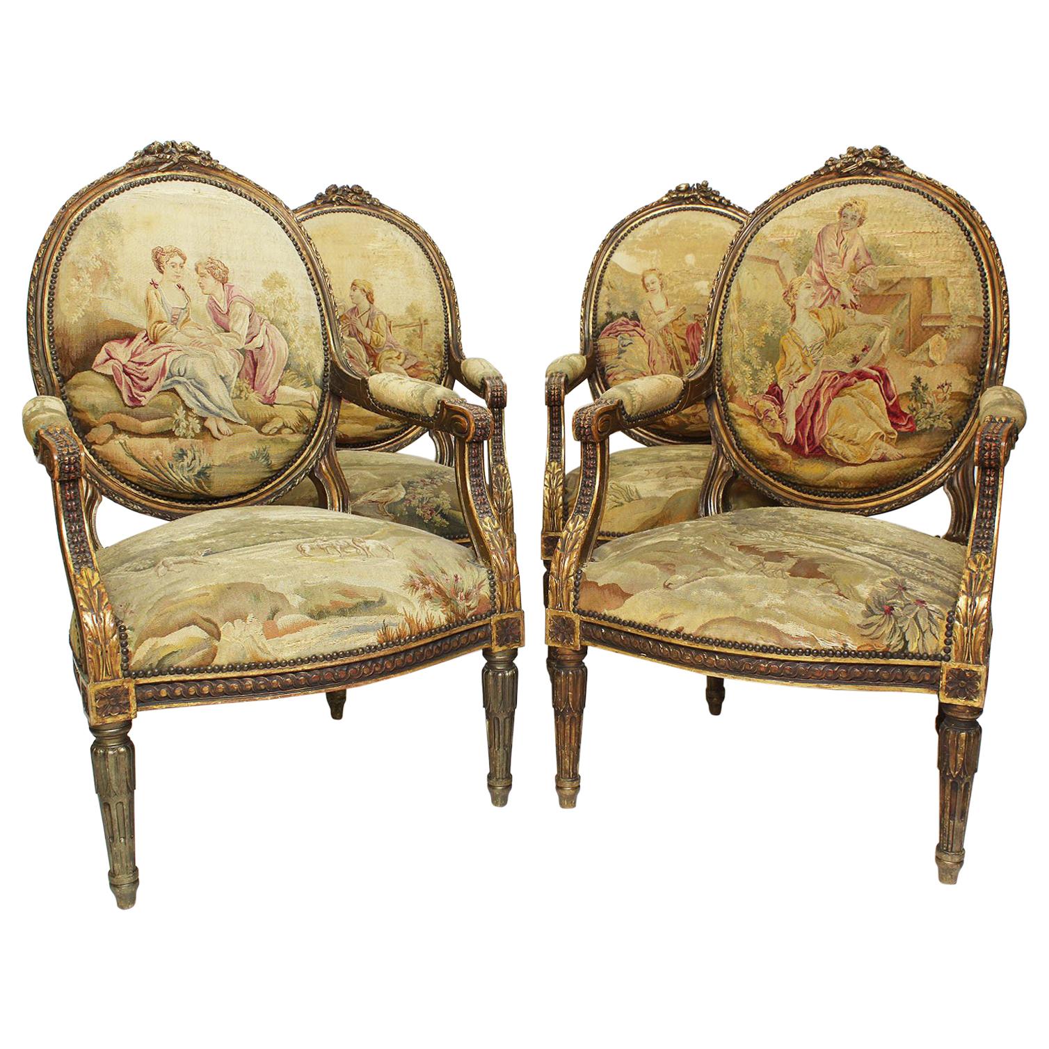 Four French 19th Century Louis XVI Style Giltwood Carved and Aubusson Armchairs