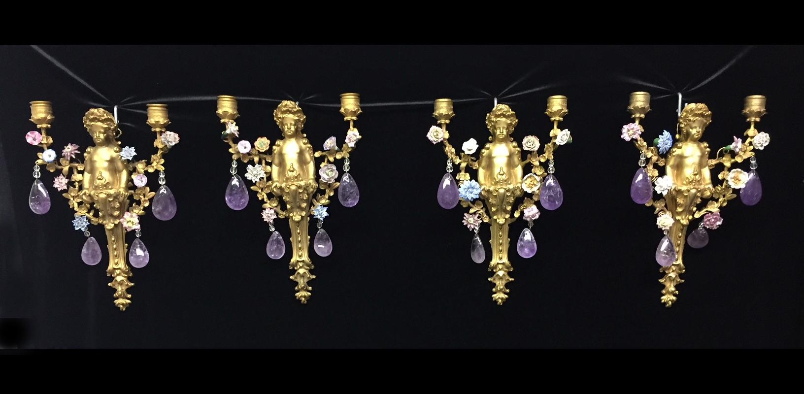 Hand-Carved Four French Amethyst Quartz and Ormolu Sconces, 19th Century