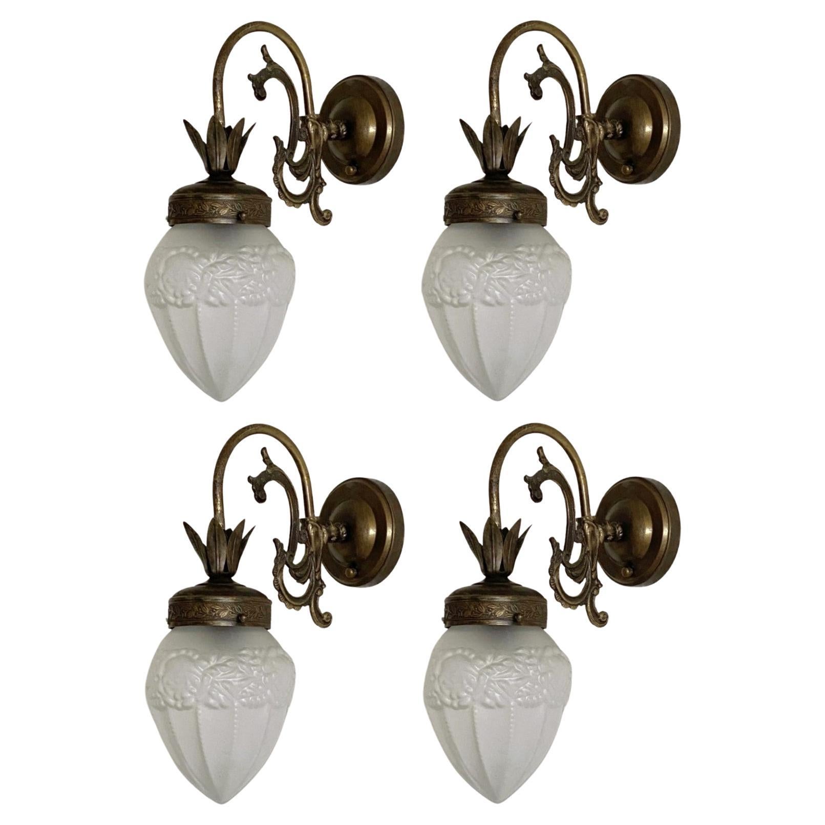Four French Art Deco Brass Frosted Glass Wall Sconces, 1930s Indoor or Outdoor