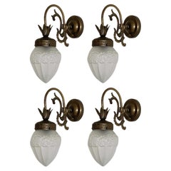 Four French Art Deco Brass Frosted Glass Wall Sconces, 1930s Indoor or Outdoor