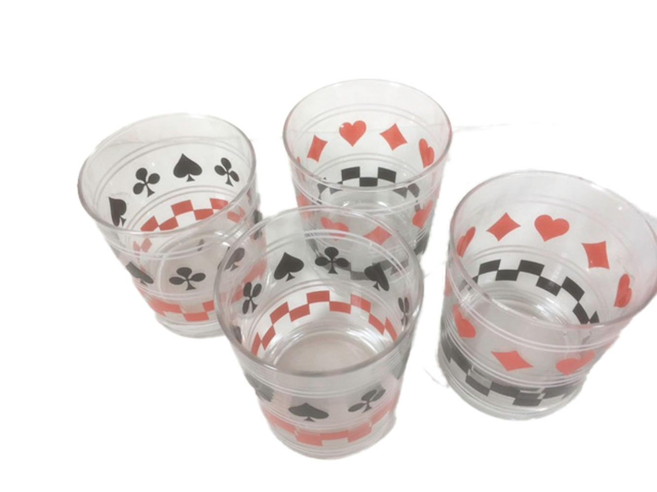 Four French Art Deco Old Fashioned Glasses with Playing Card Graphics In Good Condition For Sale In Nantucket, MA