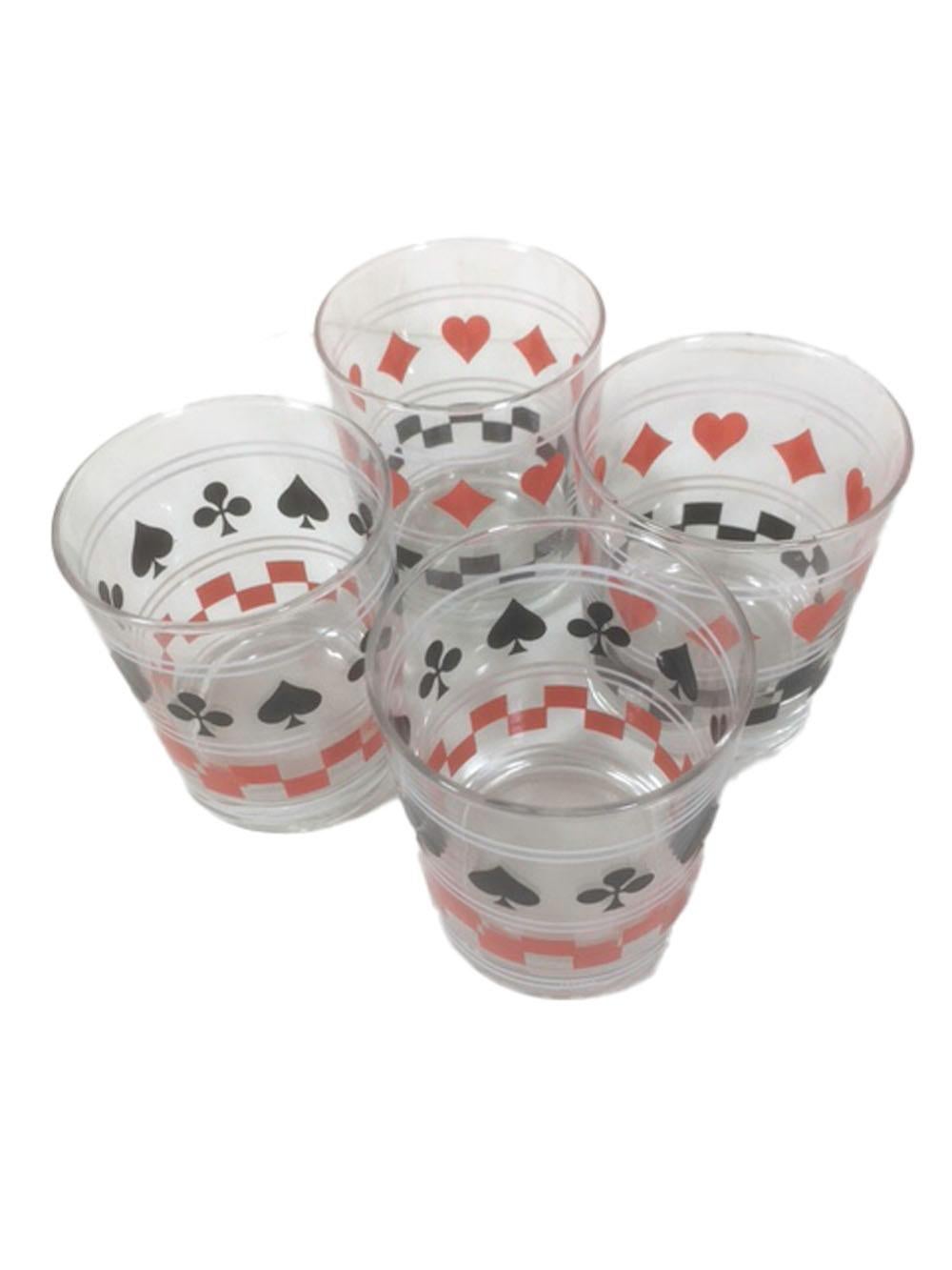 20th Century Four French Art Deco Old Fashioned Glasses with Playing Card Graphics For Sale