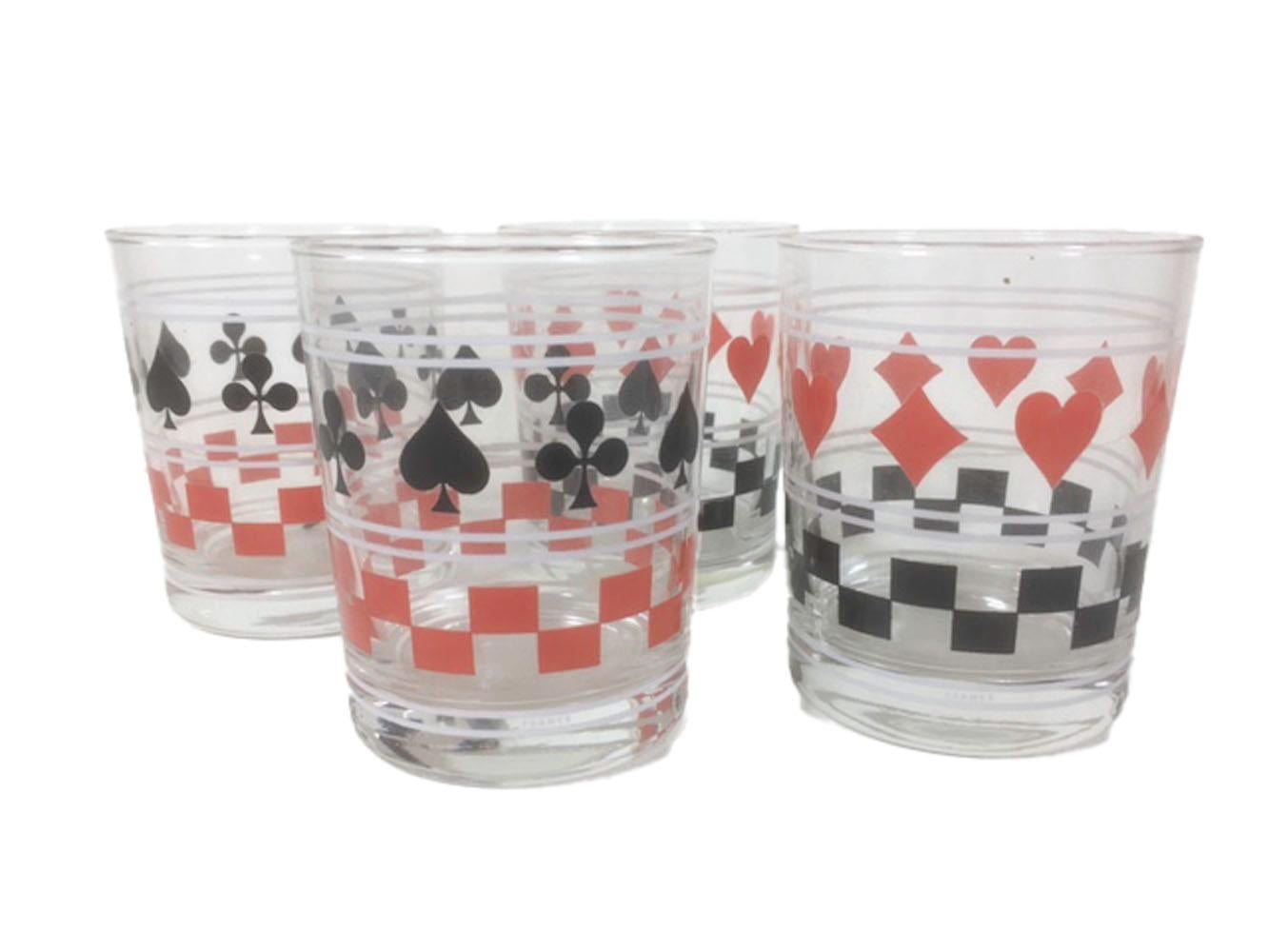 Four French Art Deco Old Fashioned Glasses with Playing Card Graphics For Sale 1