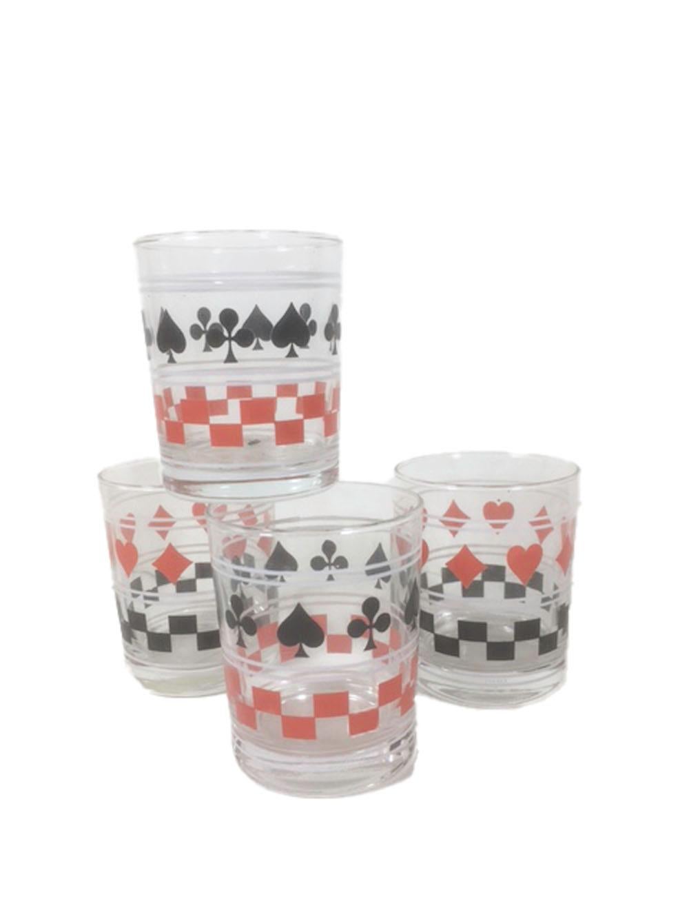 Four French Art Deco Old Fashioned Glasses with Playing Card Graphics For Sale 2