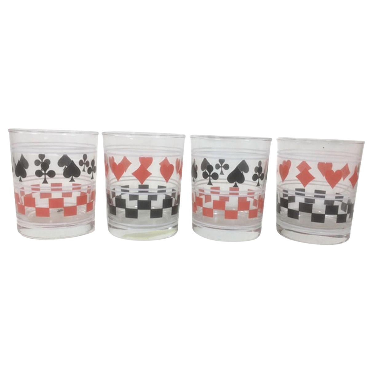 Four French Art Deco Old Fashioned Glasses with Playing Card Graphics
