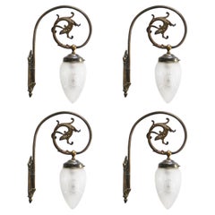Quattro lampade da parete in ottone Art Nouveau francese con vetro tagliato