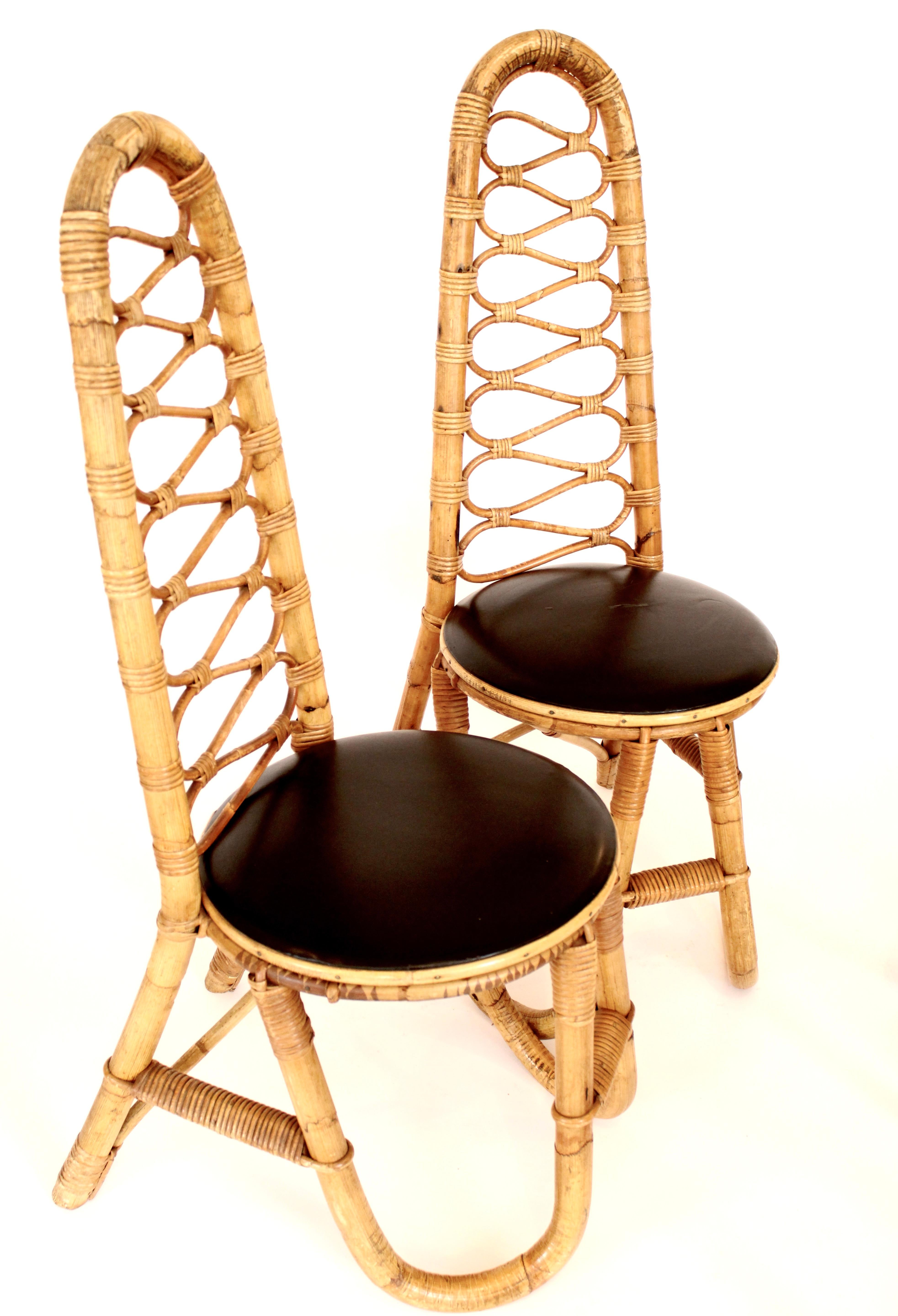 Four French Bamboo and Rattan French Riviera Sculptural Dining Chairs circa 1970 8