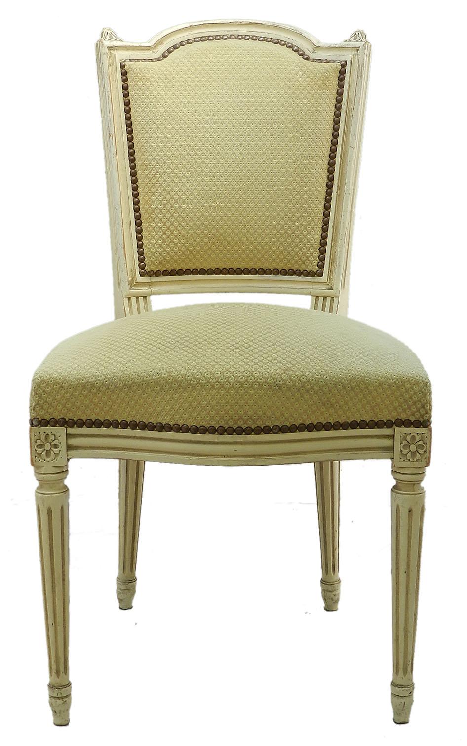 Four French dining chairs circa 1920 Louis XVI revival
Upholstery in good vintage condition
Top covers easily changed to suit your interior
Original paint gloriously distressed through age
Sound and solid
Measure: Seat height