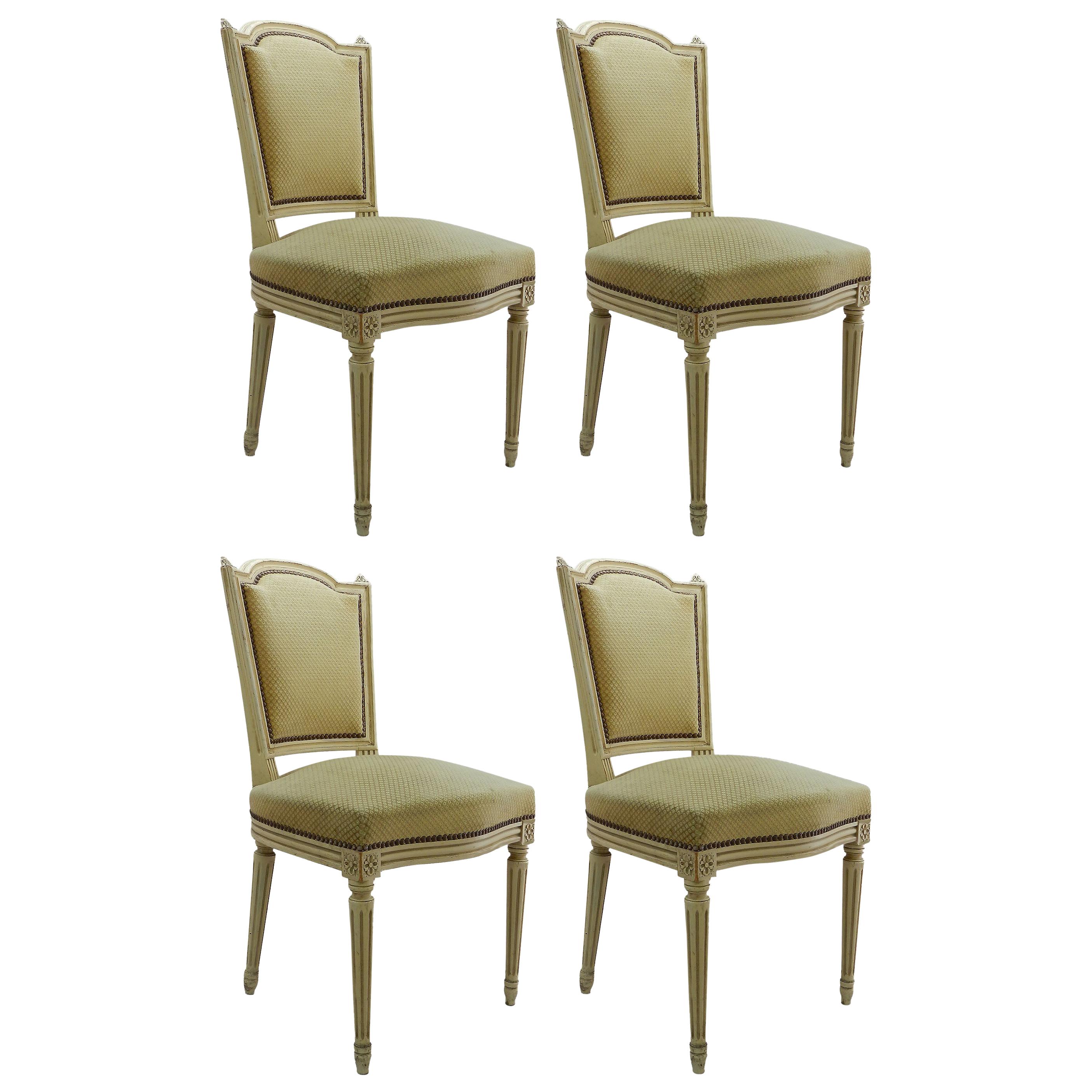 Four French Dining Chairs c1920 Louis XVI Revival Original Paint Upholstered