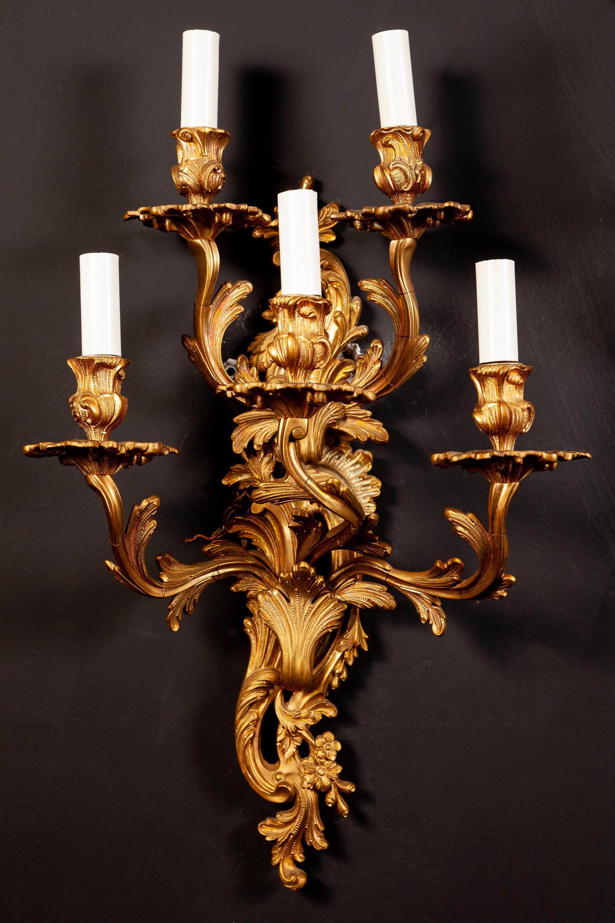 Louis XV Four French Large 19th Century Gilt Bronze Five-Light Appliques or Wall Lights