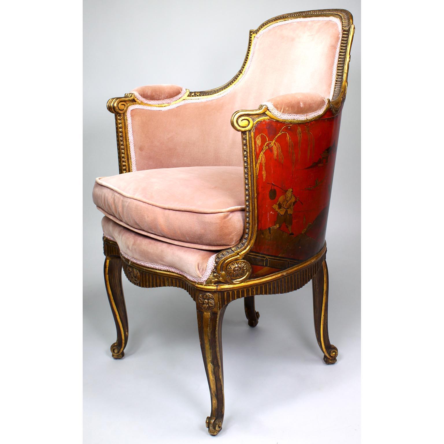 Four French Louis XV Style Gilt-Wood Carved & Chinoiserie Bergeres, Jansen Attr. For Sale 6