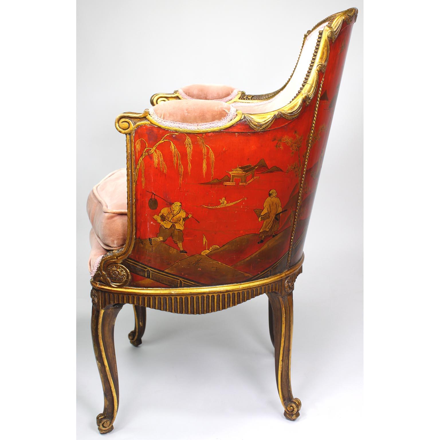 Four French Louis XV Style Gilt-Wood Carved & Chinoiserie Bergeres, Jansen Attr. For Sale 7