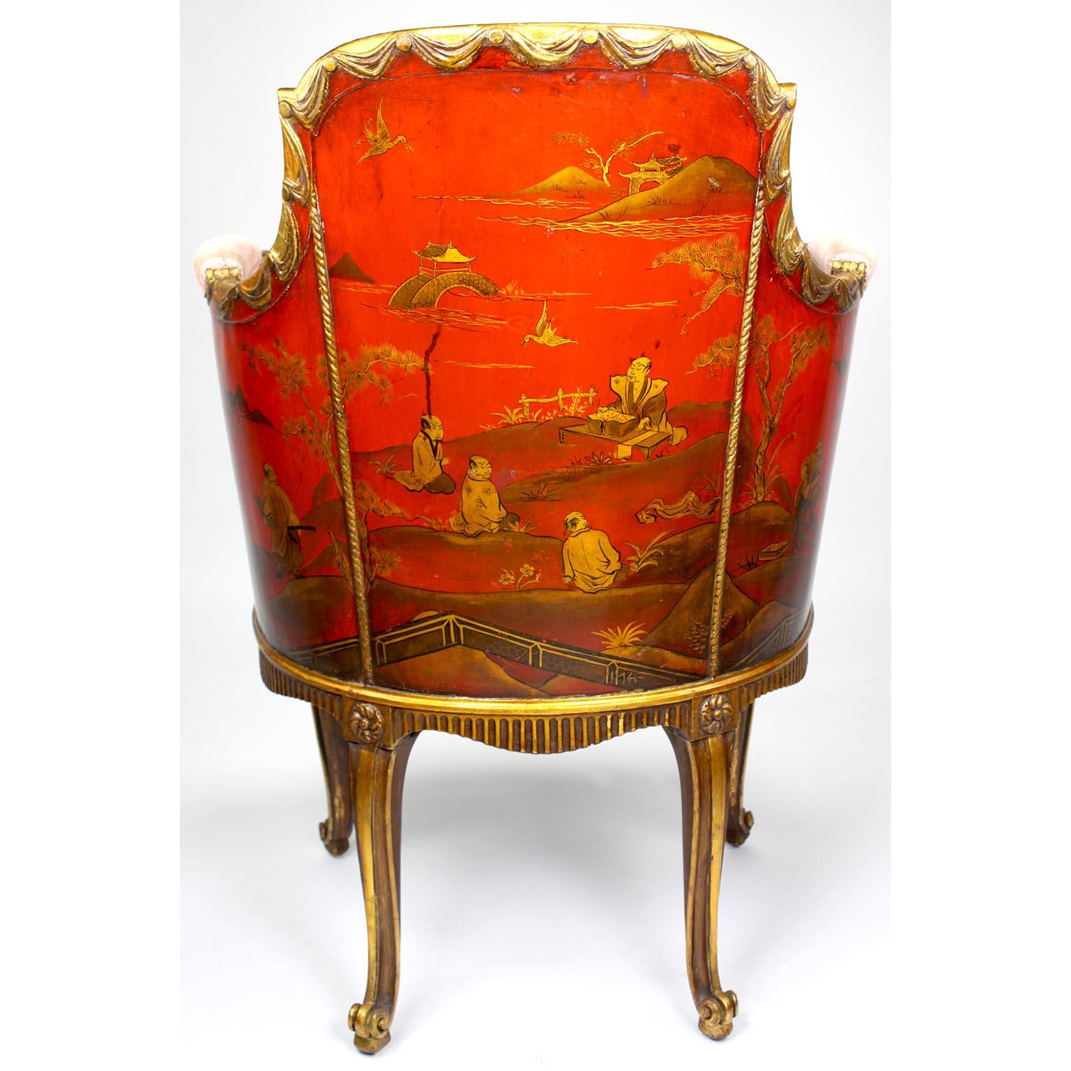 Four French Louis XV Style Gilt-Wood Carved & Chinoiserie Bergeres, Jansen Attr. For Sale 8