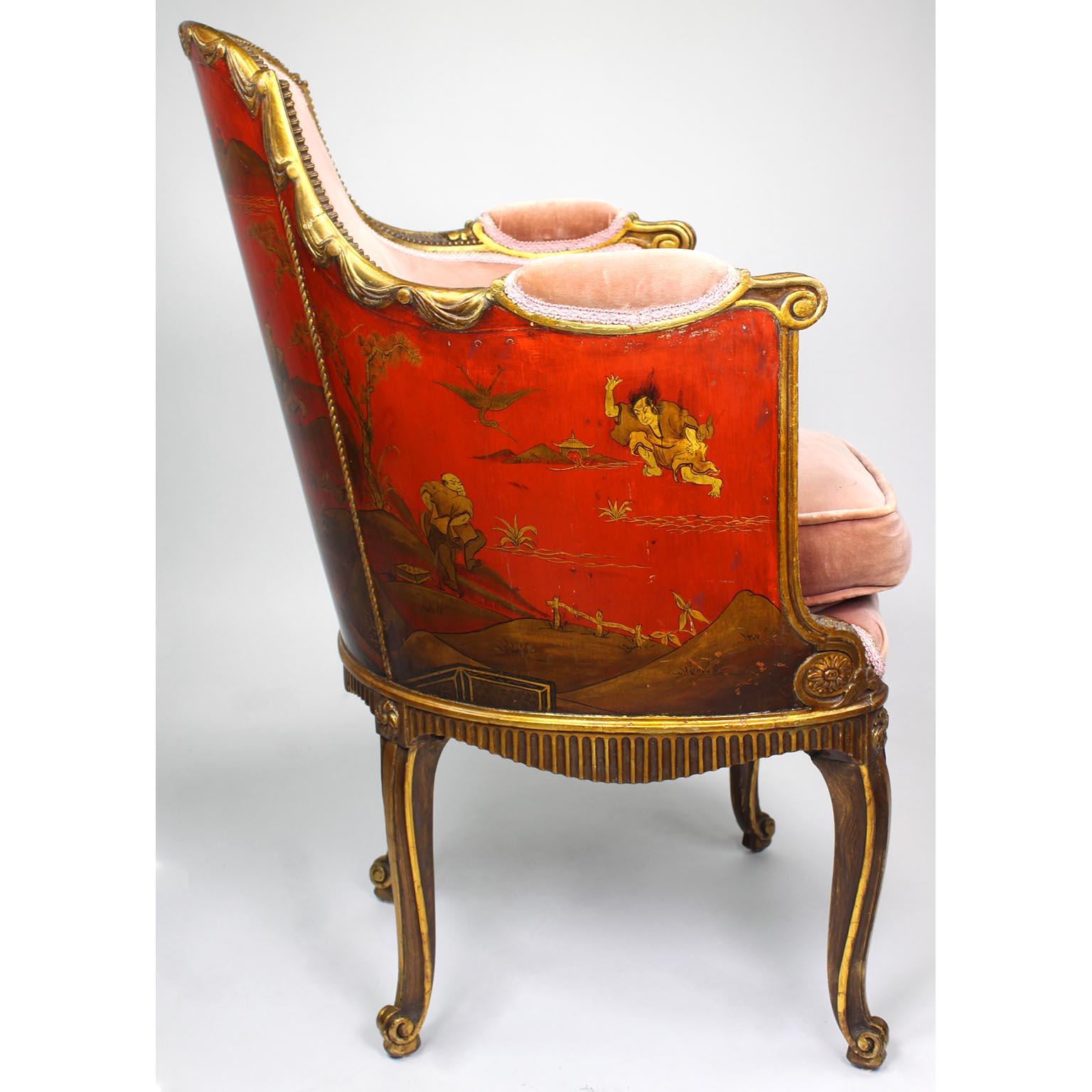 Four French Louis XV Style Gilt-Wood Carved & Chinoiserie Bergeres, Jansen Attr. For Sale 9