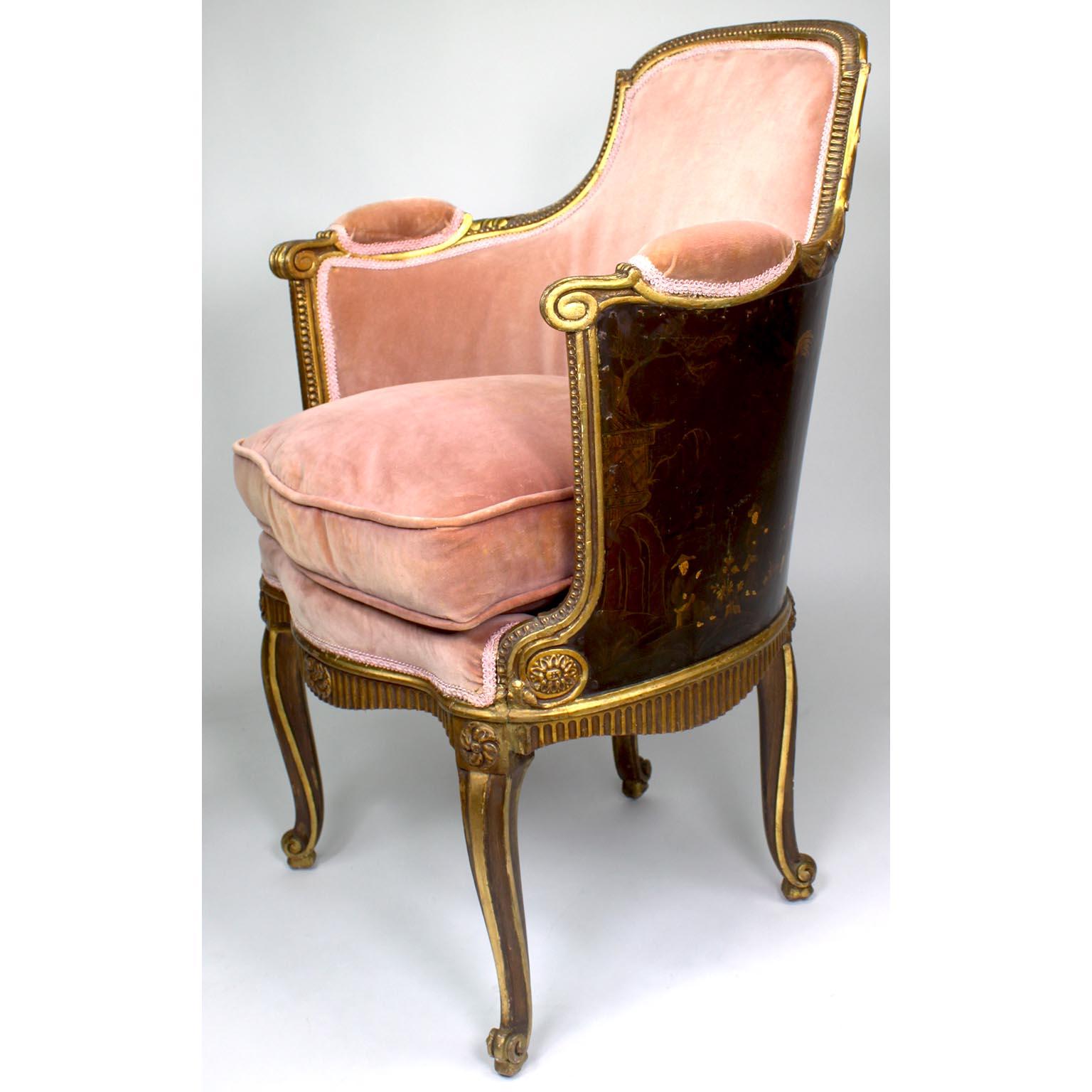 Four French Louis XV Style Gilt-Wood Carved & Chinoiserie Bergeres, Jansen Attr. For Sale 10