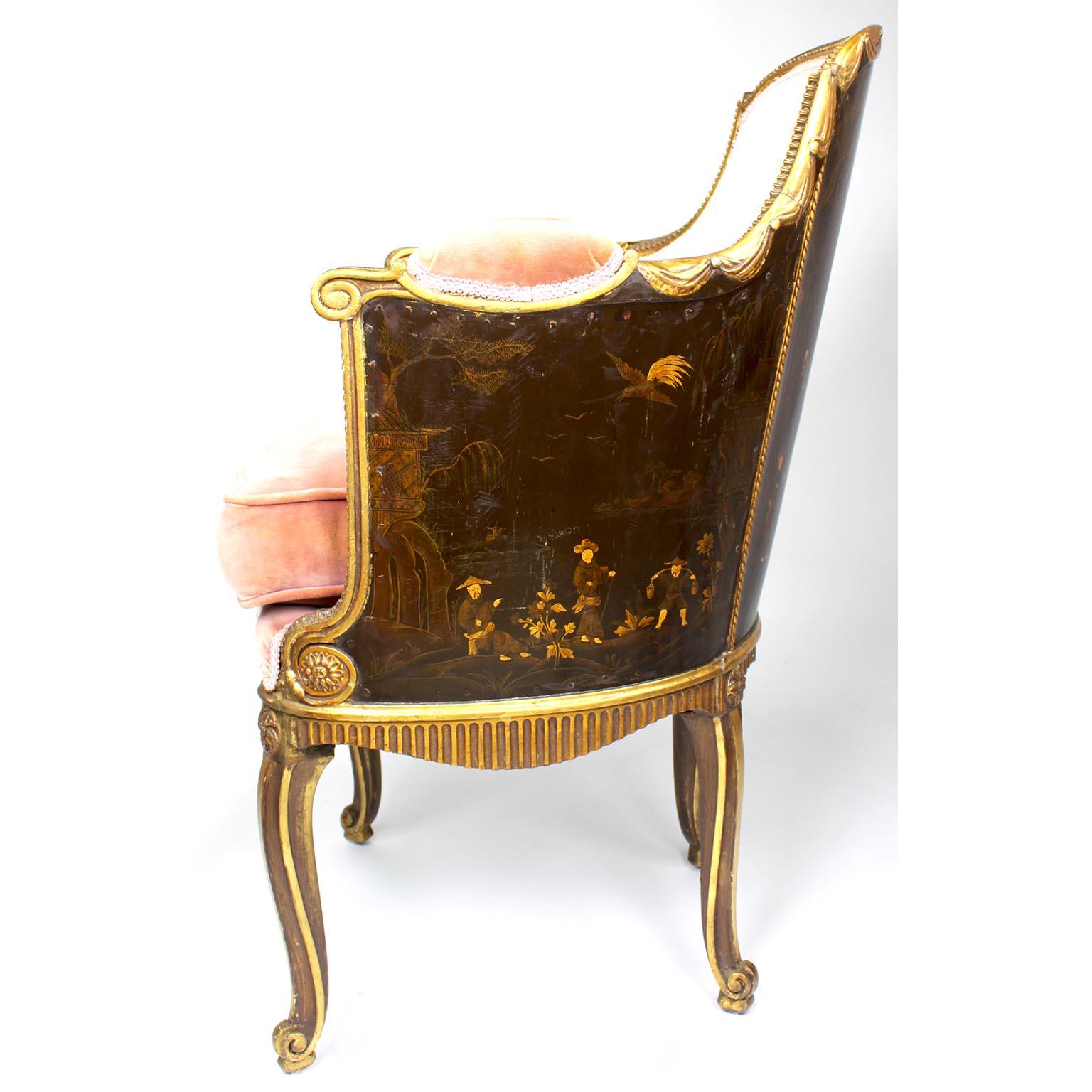 Four French Louis XV Style Gilt-Wood Carved & Chinoiserie Bergeres, Jansen Attr. For Sale 11