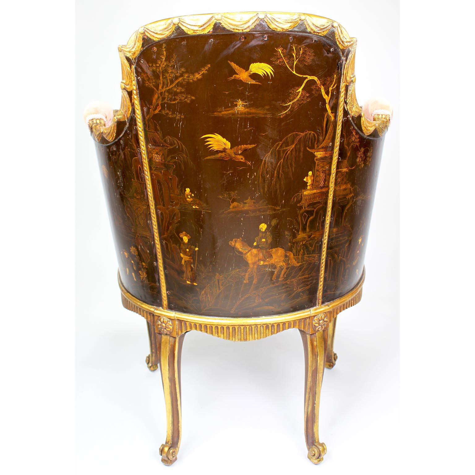 Four French Louis XV Style Gilt-Wood Carved & Chinoiserie Bergeres, Jansen Attr. For Sale 12