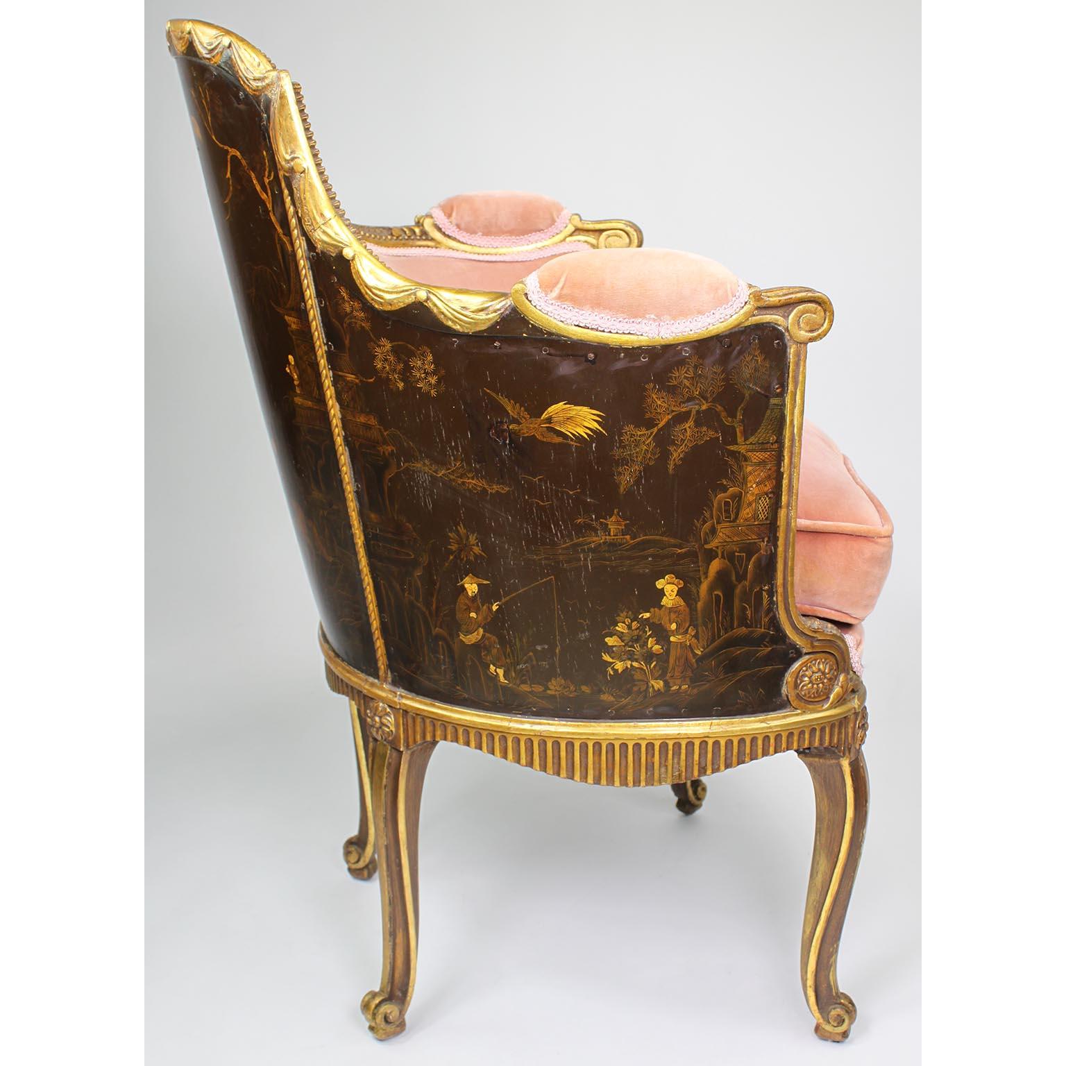 Four French Louis XV Style Gilt-Wood Carved & Chinoiserie Bergeres, Jansen Attr. For Sale 13