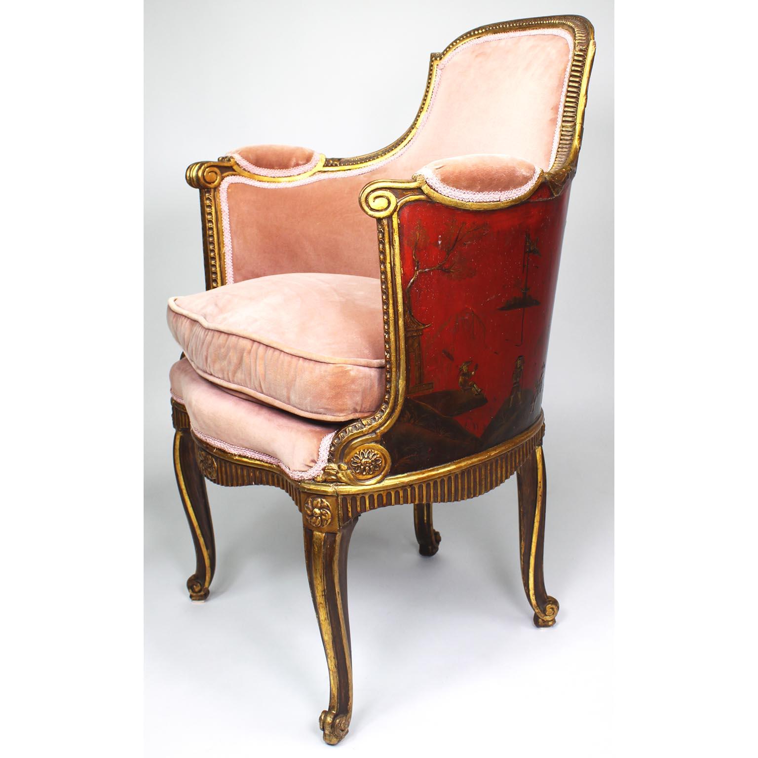 Four French Louis XV Style Gilt-Wood Carved & Chinoiserie Bergeres, Jansen Attr. In Fair Condition For Sale In Los Angeles, CA