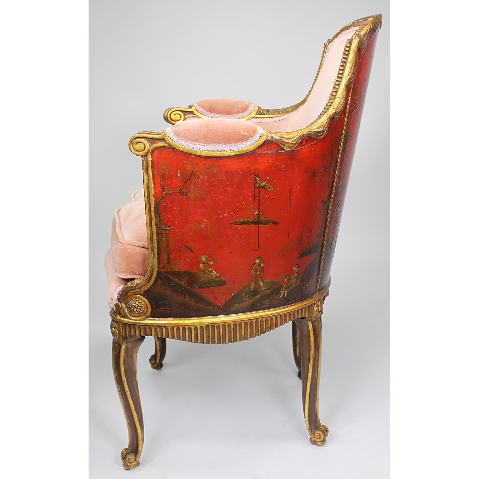 Français Quatre bergères françaises de style Louis XV en bois doré sculpté et chinoiserie, Jansen Attr. en vente