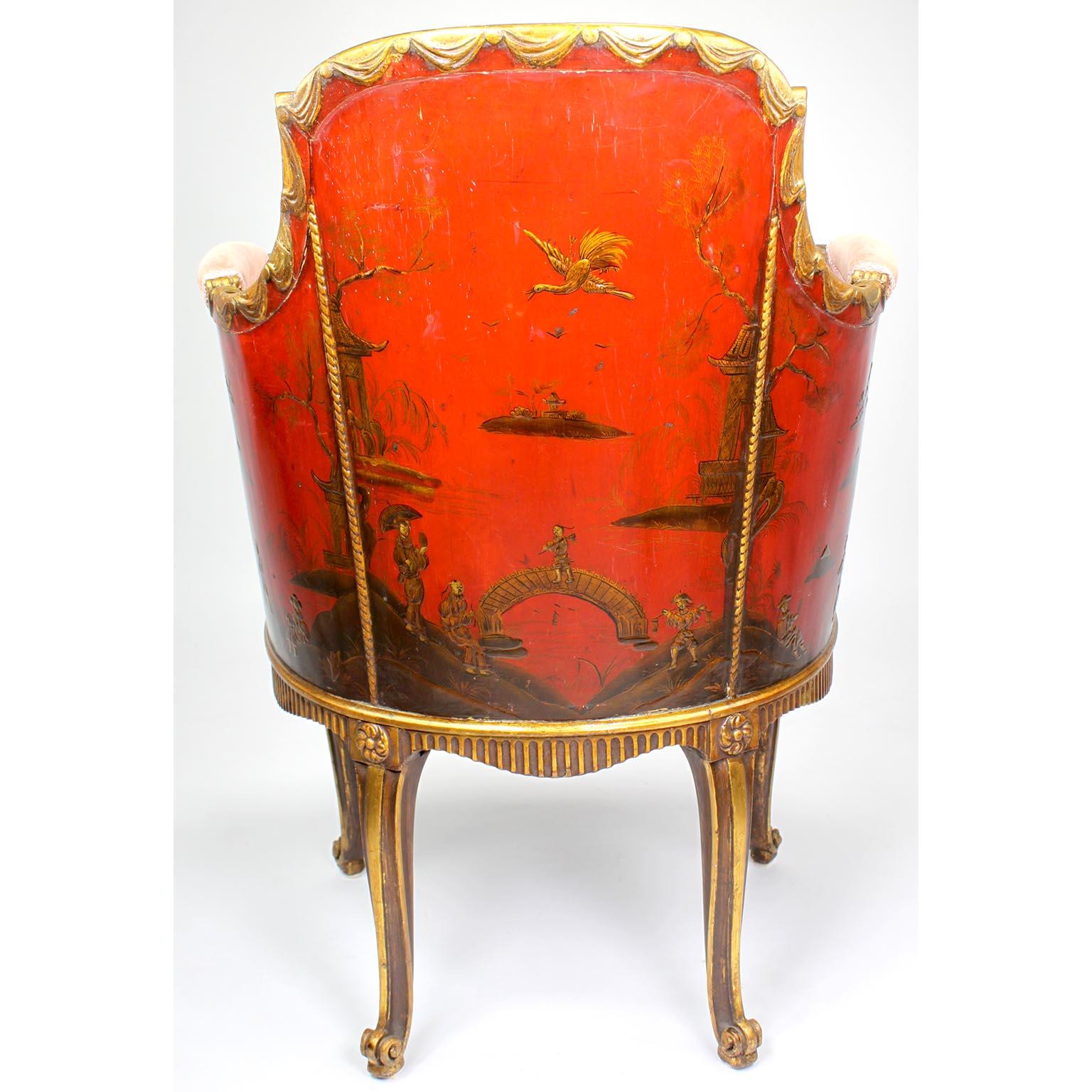 Velvet Four French Louis XV Style Gilt-Wood Carved & Chinoiserie Bergeres, Jansen Attr. For Sale