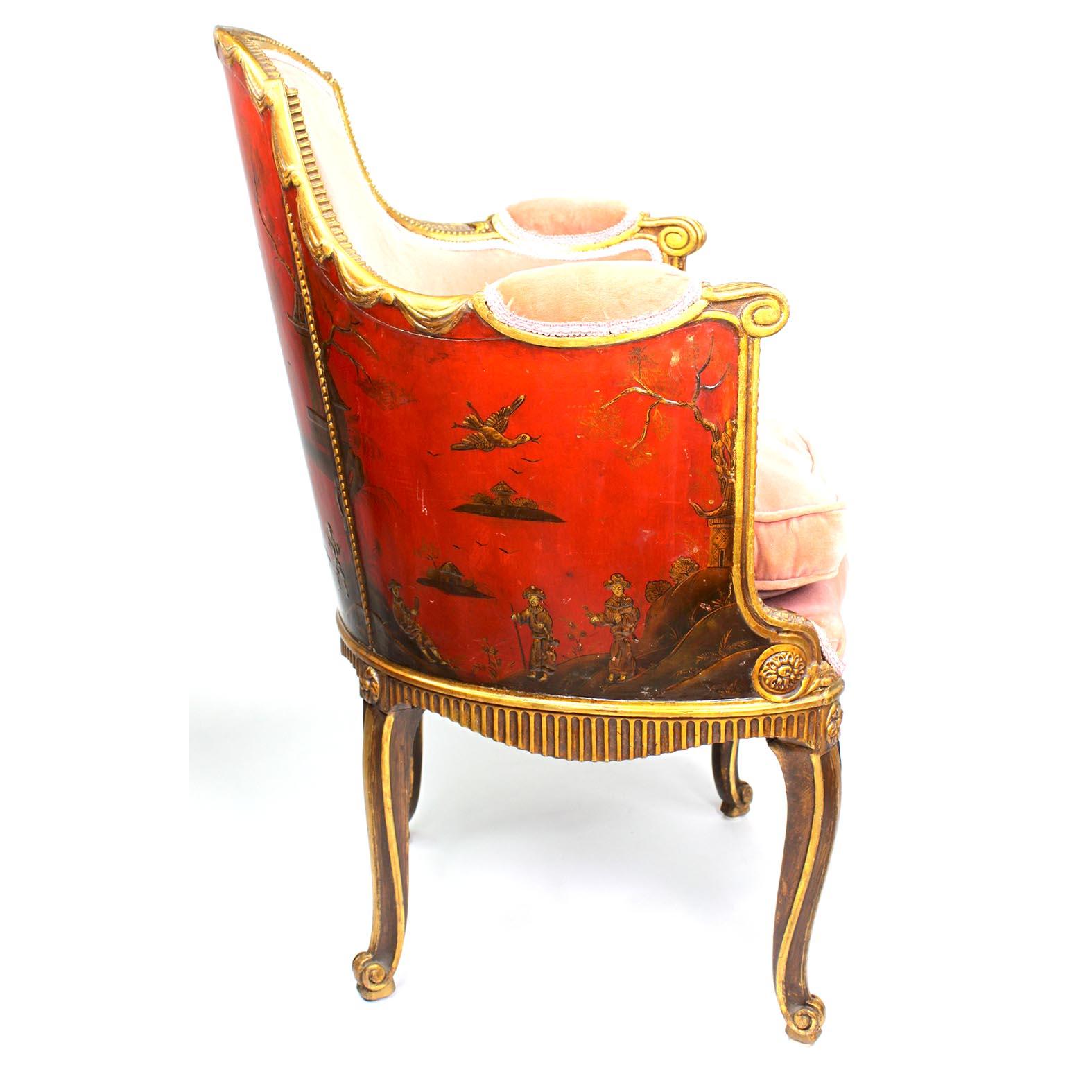 Four French Louis XV Style Gilt-Wood Carved & Chinoiserie Bergeres, Jansen Attr. For Sale 1