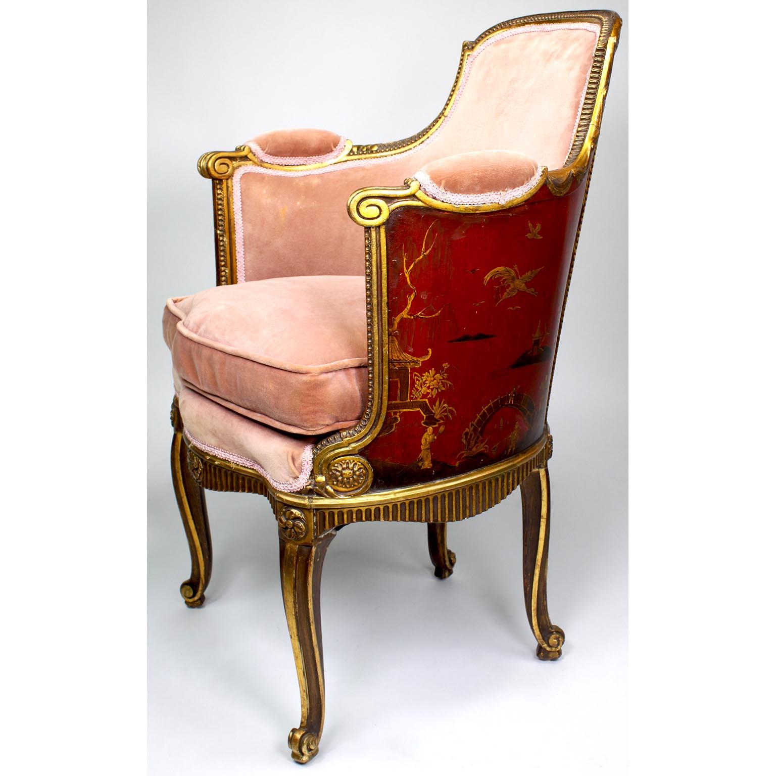 Début du 20ème siècle Quatre bergères françaises de style Louis XV en bois doré sculpté et chinoiserie, Jansen Attr. en vente