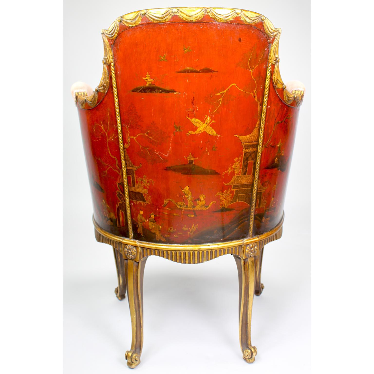 Four French Louis XV Style Gilt-Wood Carved & Chinoiserie Bergeres, Jansen Attr. For Sale 4