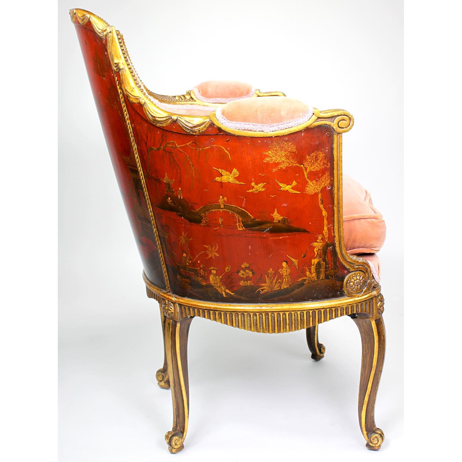 Four French Louis XV Style Gilt-Wood Carved & Chinoiserie Bergeres, Jansen Attr. For Sale 5