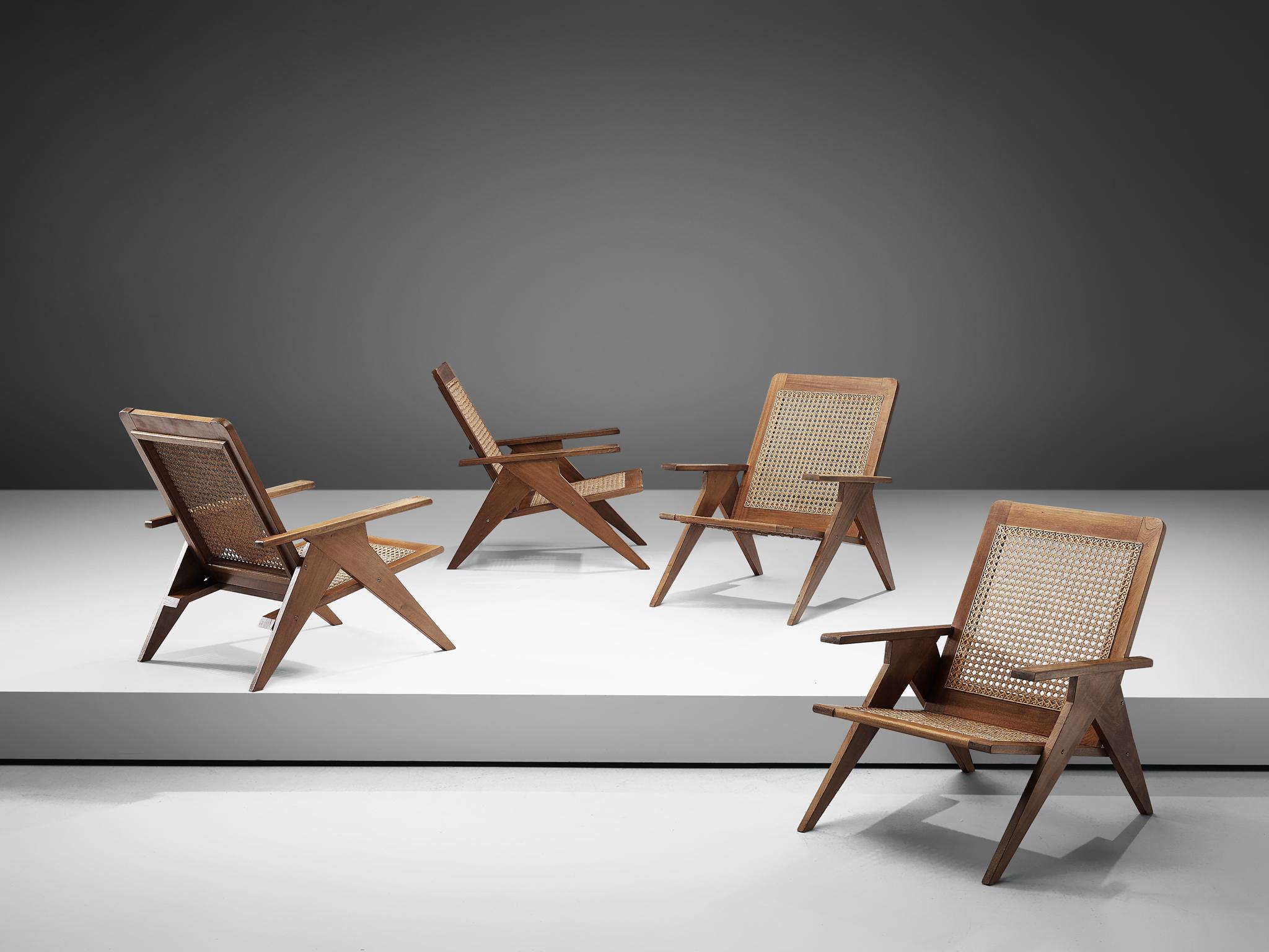Mid-Century Modern French Lounge Chairs in Cane and Mahogany