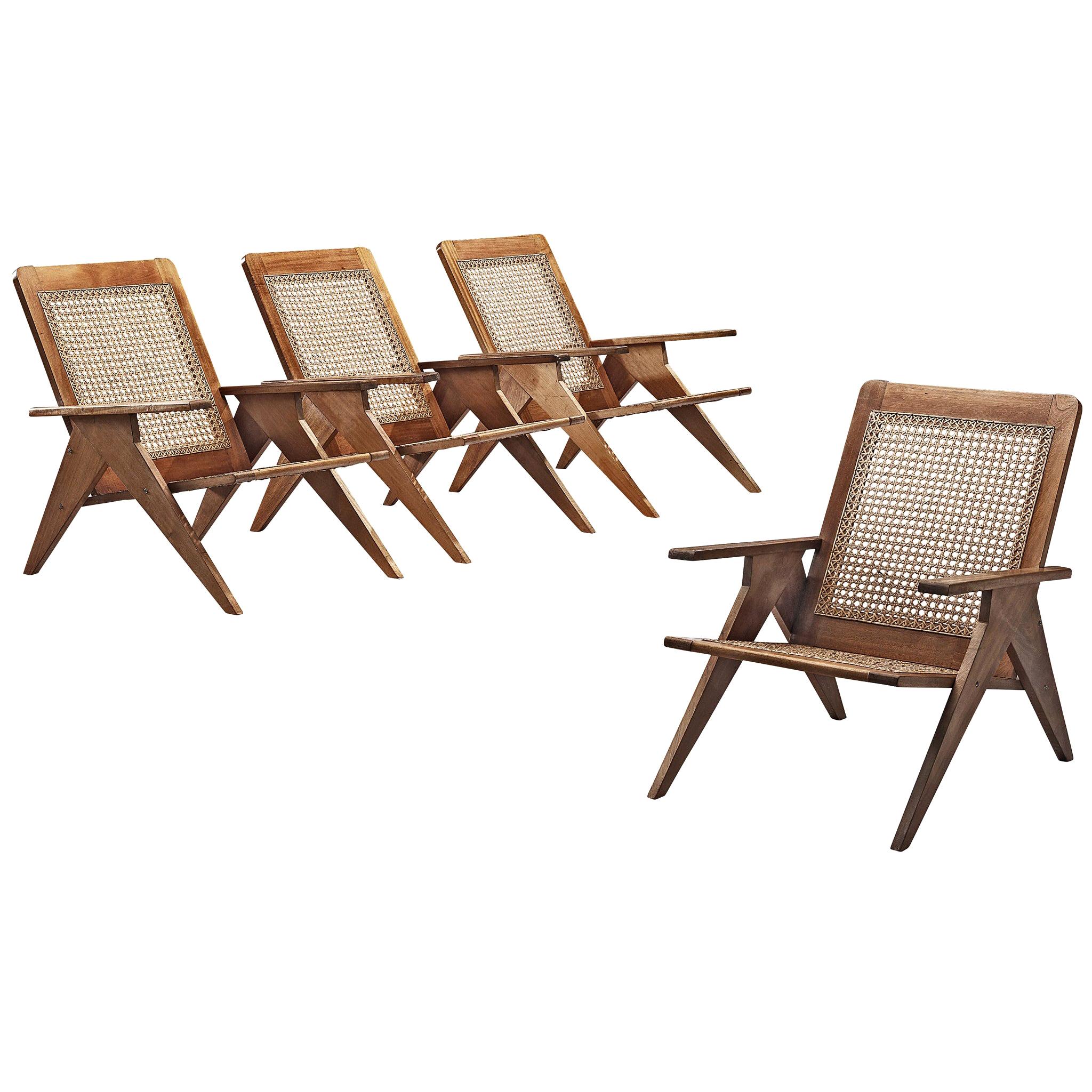 French Lounge Chairs in Cane and Mahogany