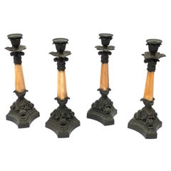 Four French Mid-19th Century Bronze and Sienna Marble Candlesticks by Deniere