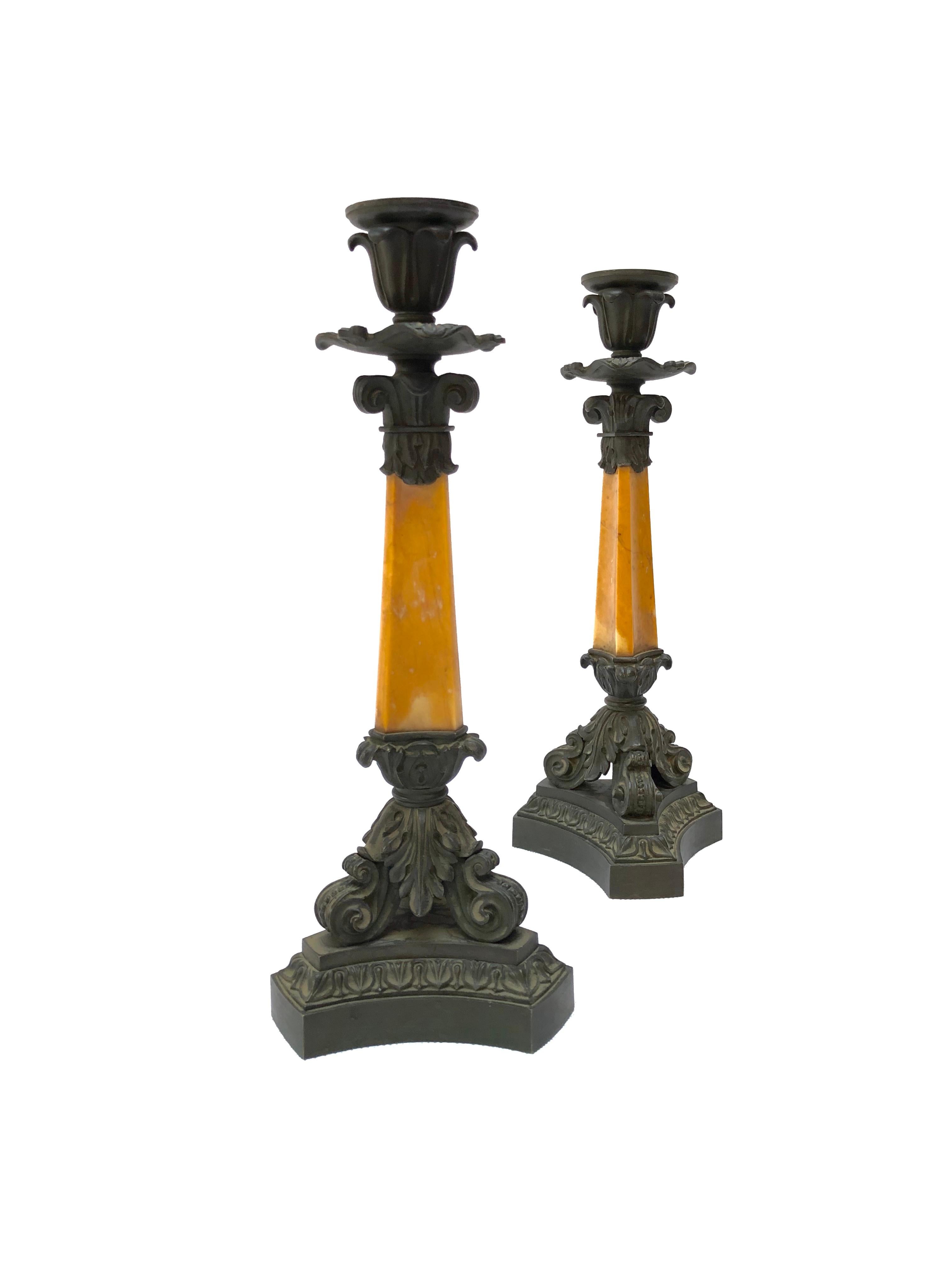 Patinated Four French Mid-19th Century Bronze and Sienna Marble Candlesticks by Deniere For Sale