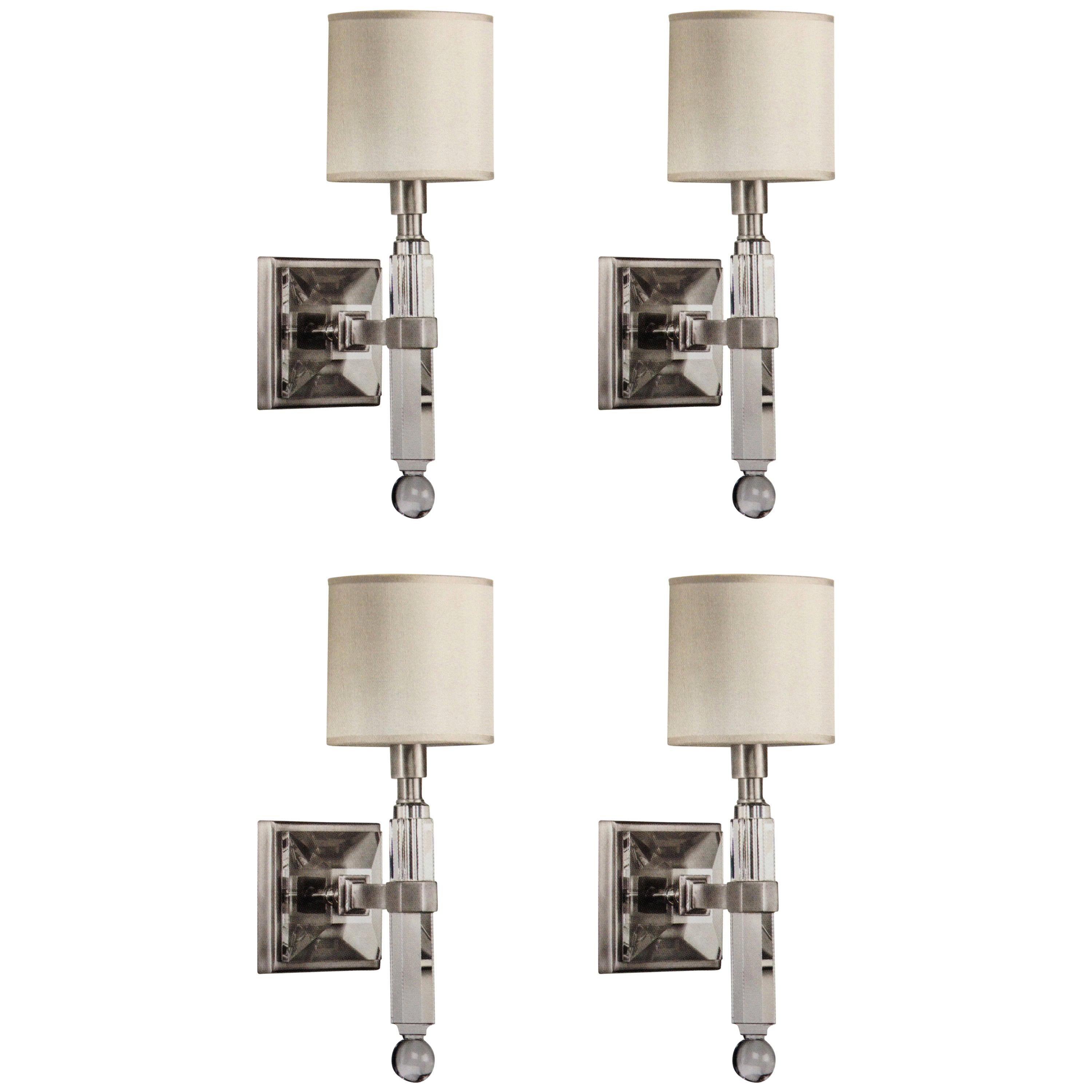 Four French Modern Neoclassical Style Wall Lights in Nickel and Crystal