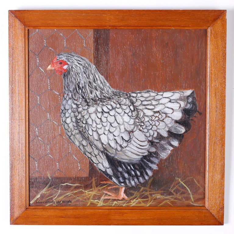 Charming set of four oil painting on board depicting chickens and roosters of the French city of Rennes. Presented in wood frames and signed by the noted artist Marie Claude de Wilde.