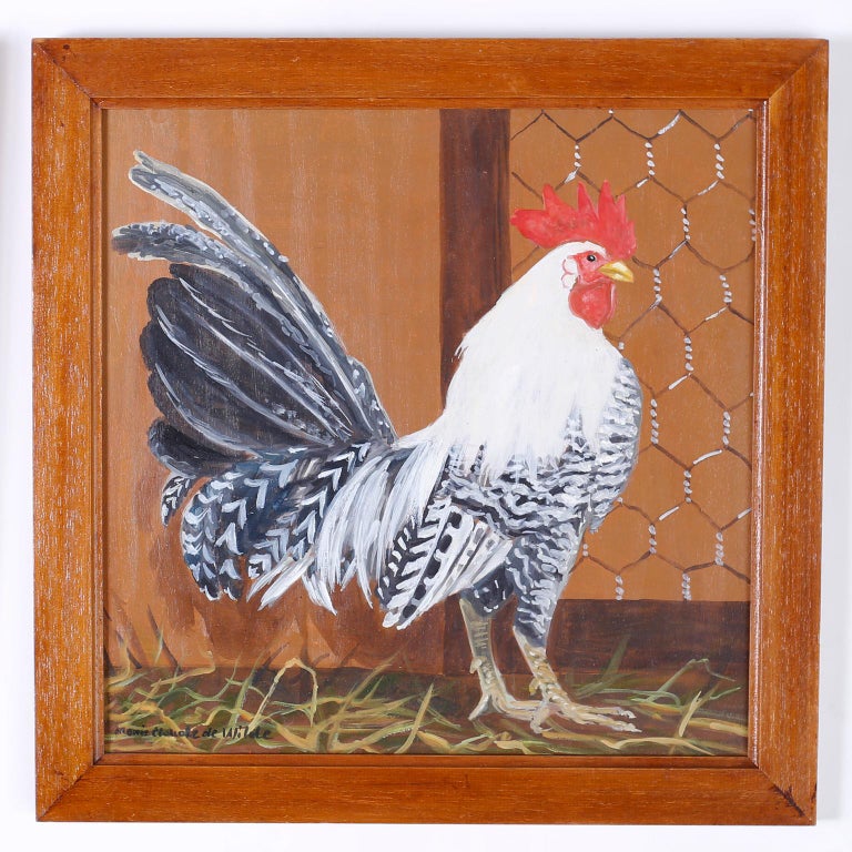 Folk Art Four French Oil Paintings on Board of Chickens For Sale
