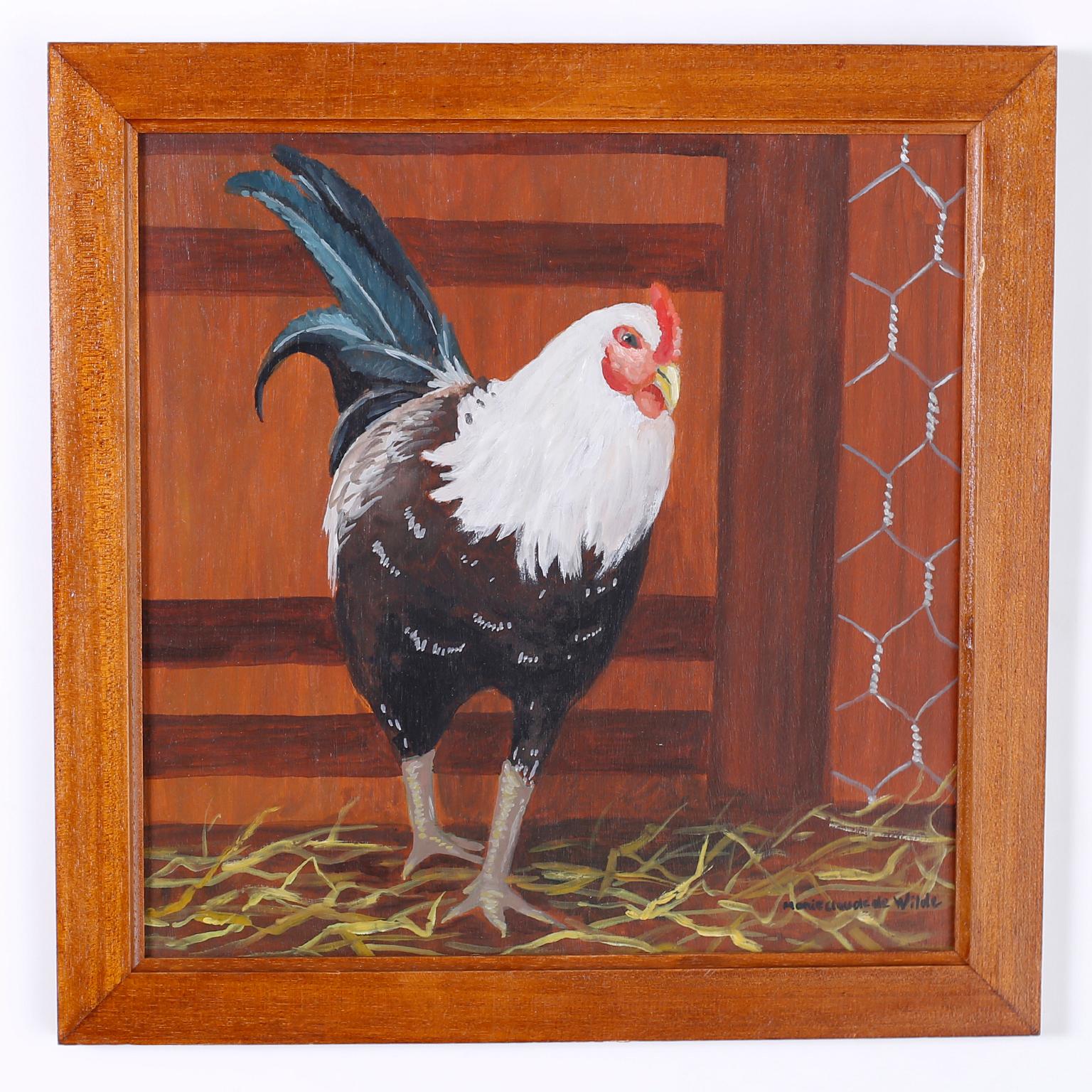 Peint à la main Quatre peintures à l'huile françaises sur carton représentant des poulets en vente