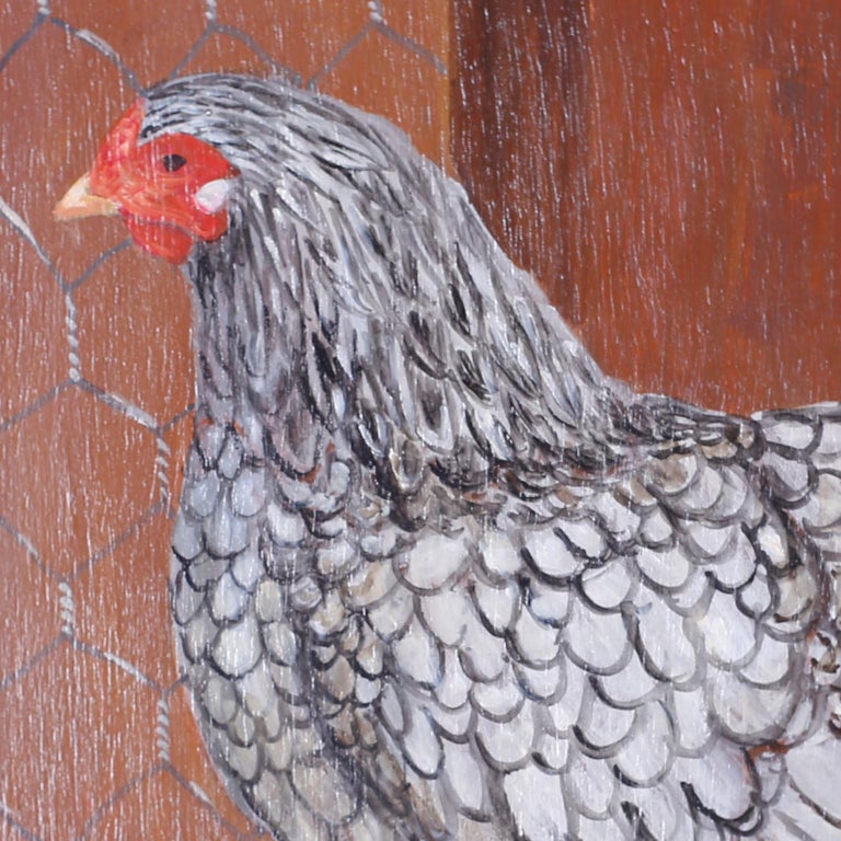 20th Century Four French Oil Paintings on Board of Chickens For Sale