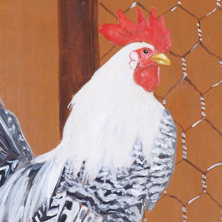 Wood Four French Oil Paintings on Board of Chickens For Sale