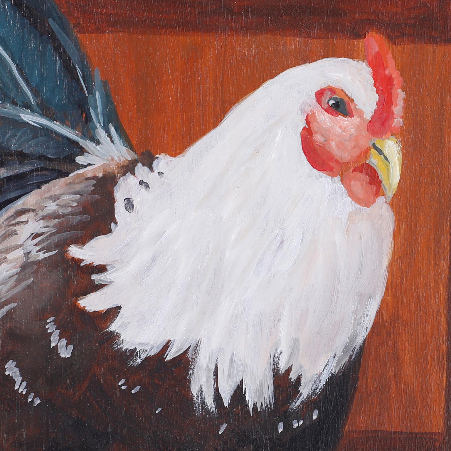 Bois Quatre peintures à l'huile françaises sur carton représentant des poulets en vente