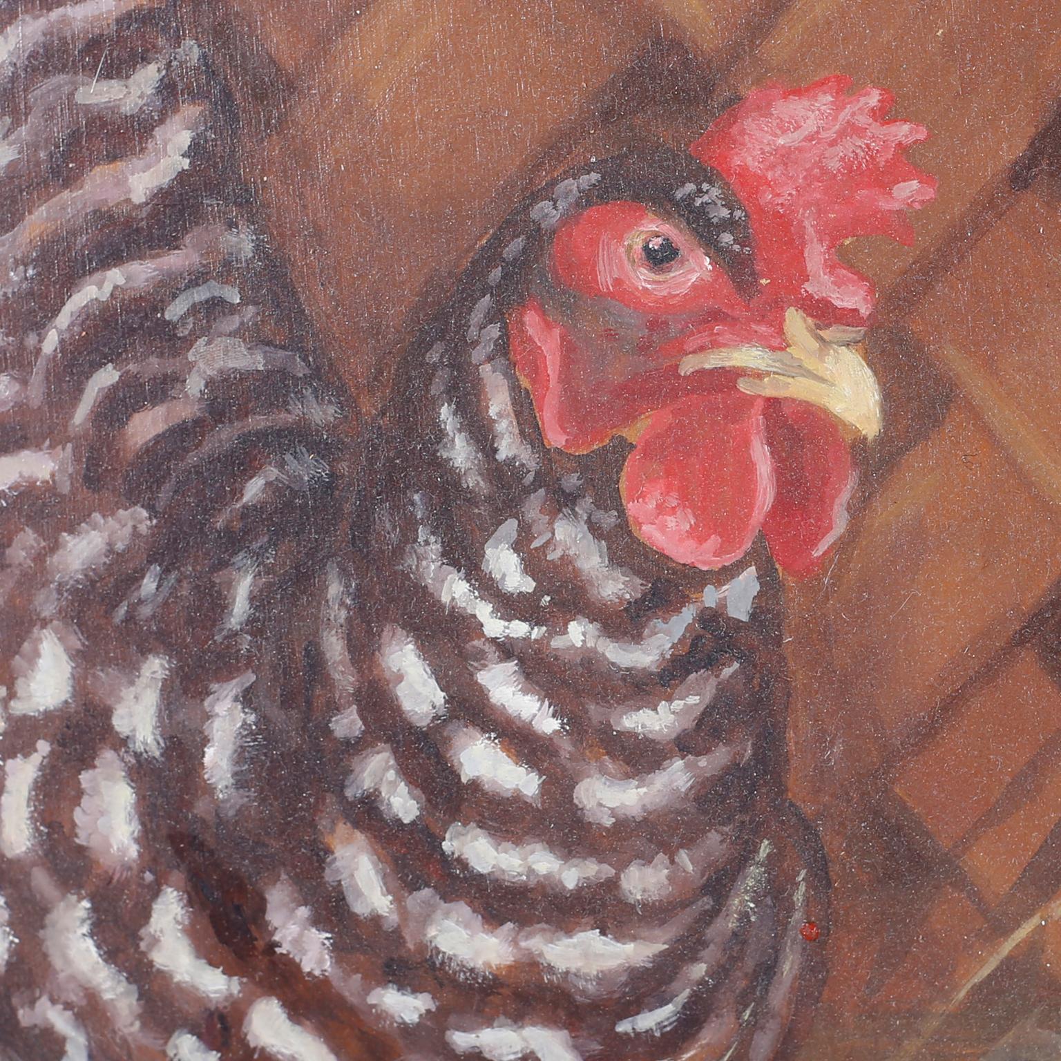 Quatre peintures à l'huile françaises sur carton représentant des poulets en vente 1