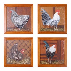 Vintage Four French Oil Paintings on Board of Chickens