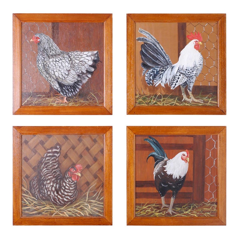 Four French Oil Paintings on Board of Chickens For Sale