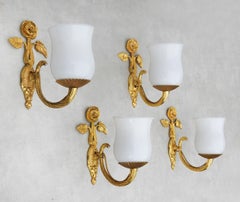 Four French Rose Flower Gilded Wall Light Sconces C1950s