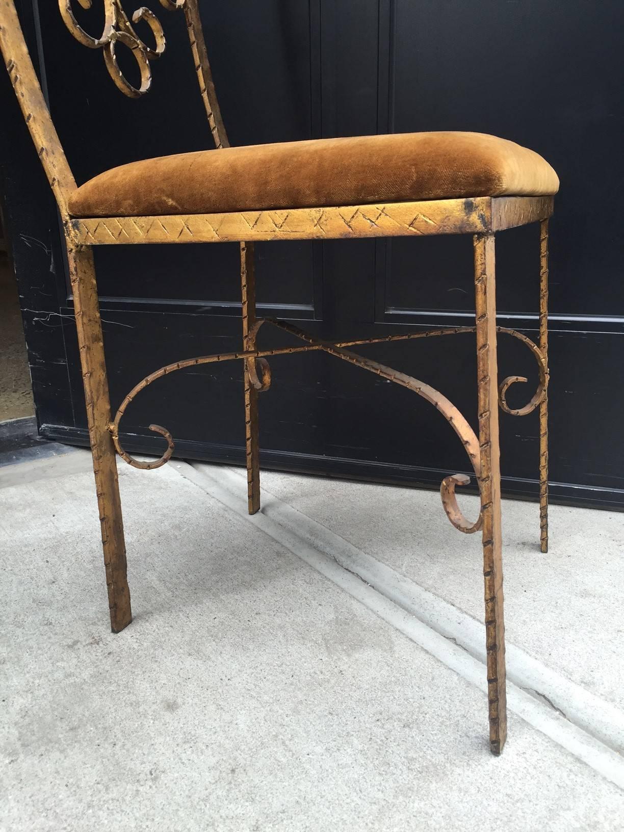 Four French Wrought Iron Gold Gilt Chairs Manner of Gilbert Poillerat For Sale 1
