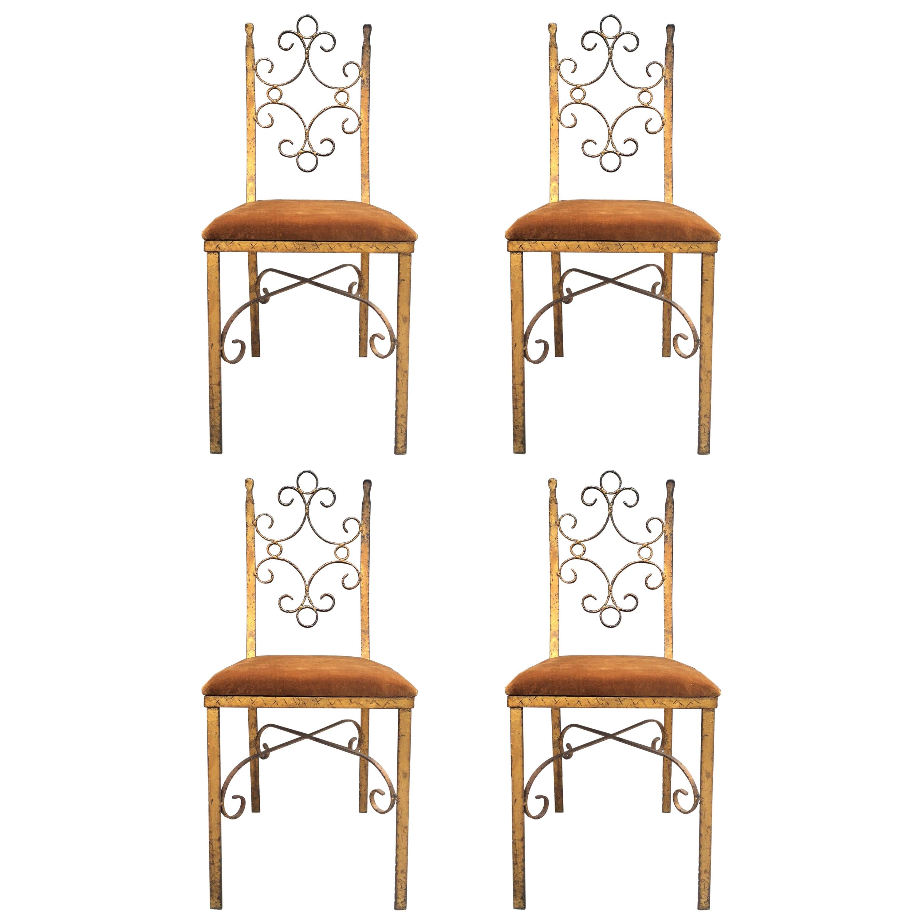 Four French Wrought Iron Gold Gilt Chairs Manner of Gilbert Poillerat For Sale